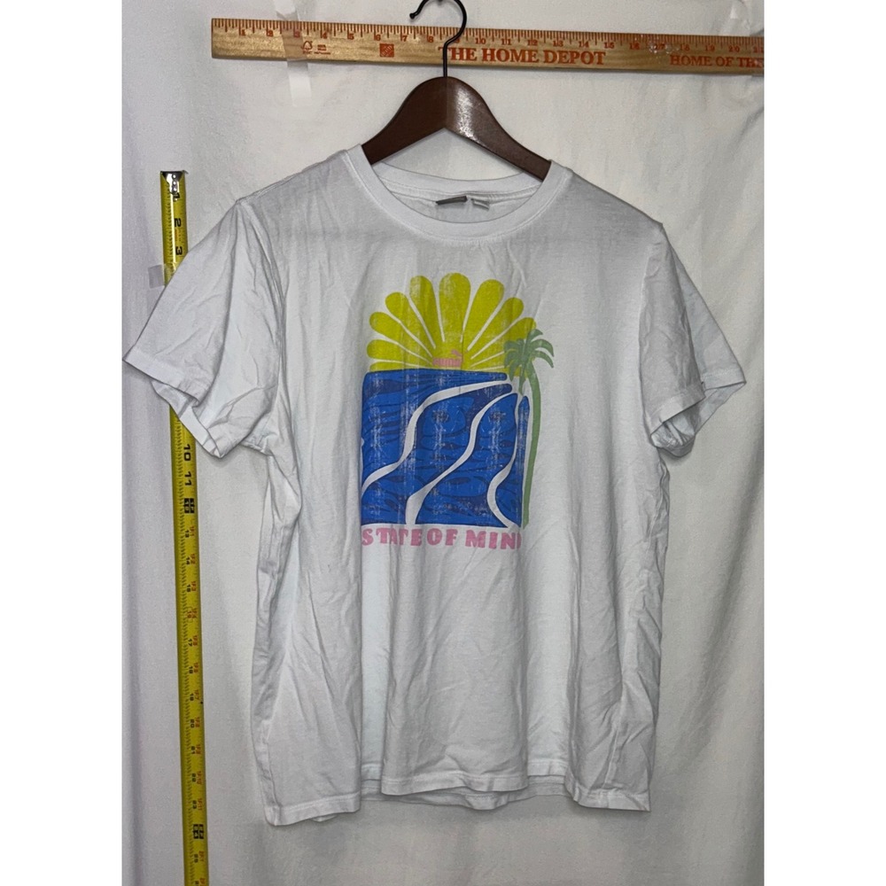 Puma State of Mind Graphic T Shirt White Palm Tree Sun Water Women's Size L